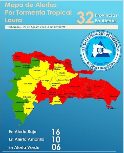 El COE en alerta roja a 16 provincias; ofrece detalles de la tormenta tropical Laura que afectará el país