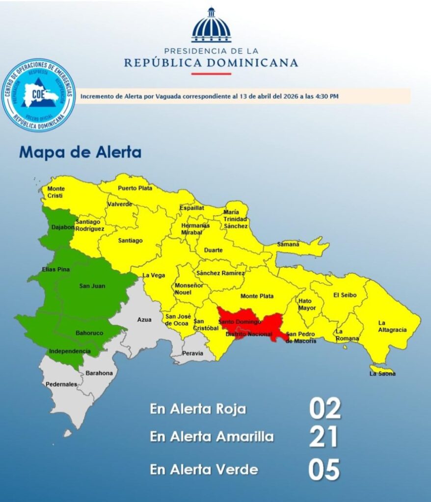 COE declara alerta roja en el Gran Santo Domingo y mantiene 21 provincias en amarilla por intensas lluvias