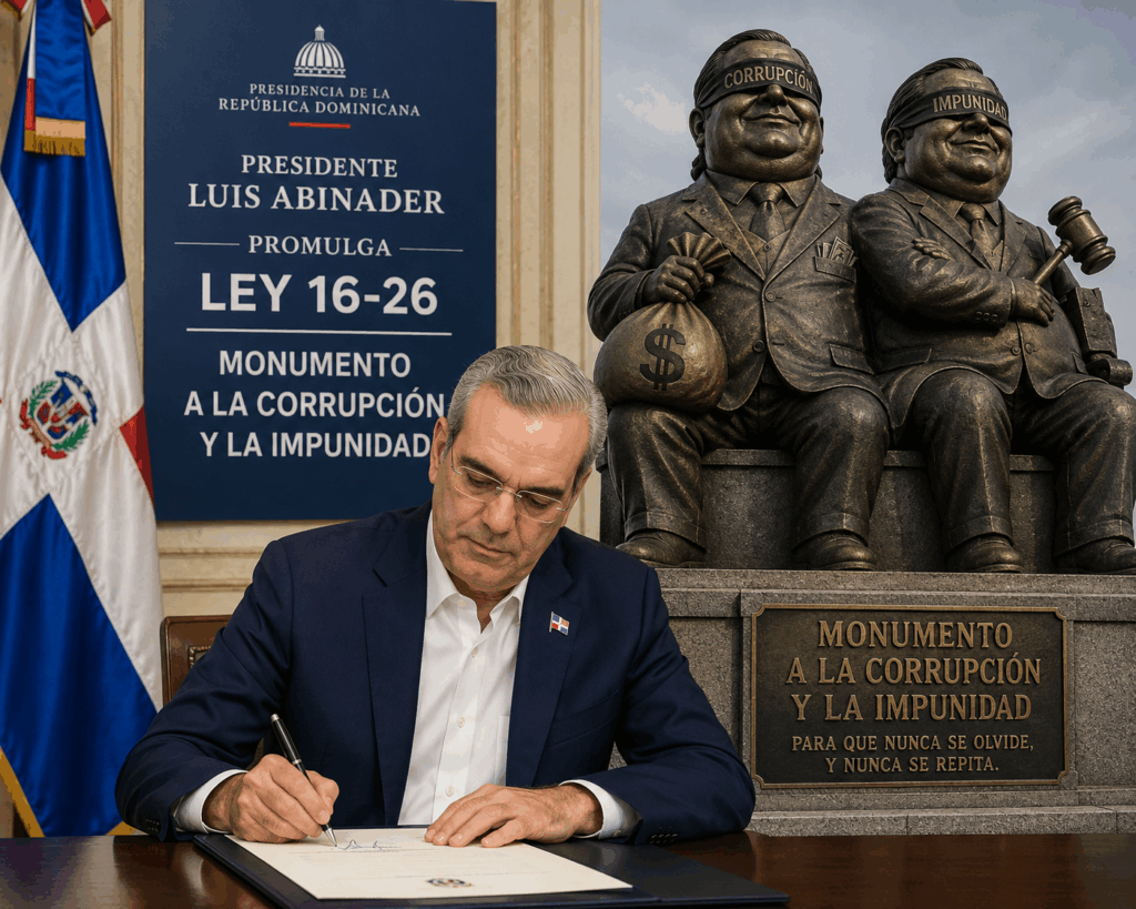 Presidente Pormulga Ley 16-26 pago a contrato sin contrato: Monumento a la corrupción y la impunidad